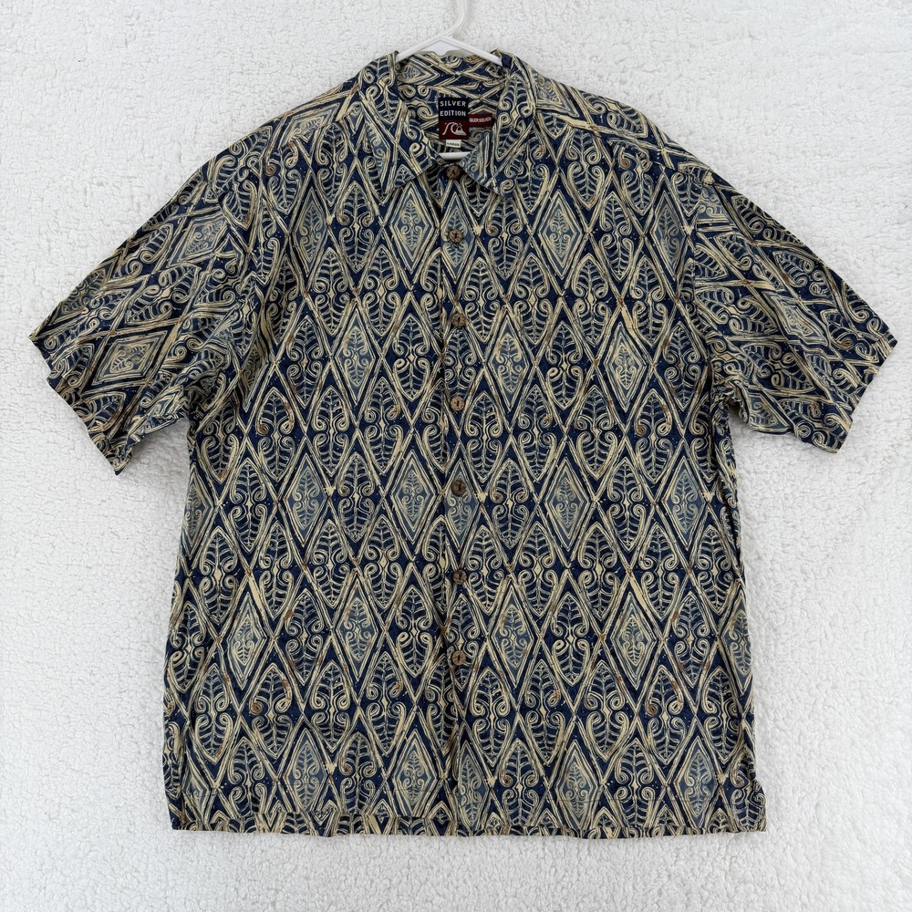 Quiksilver Silver Edition Mens Large Blue Tan Tribal Hawaiian Cotton Aloha Shirt
